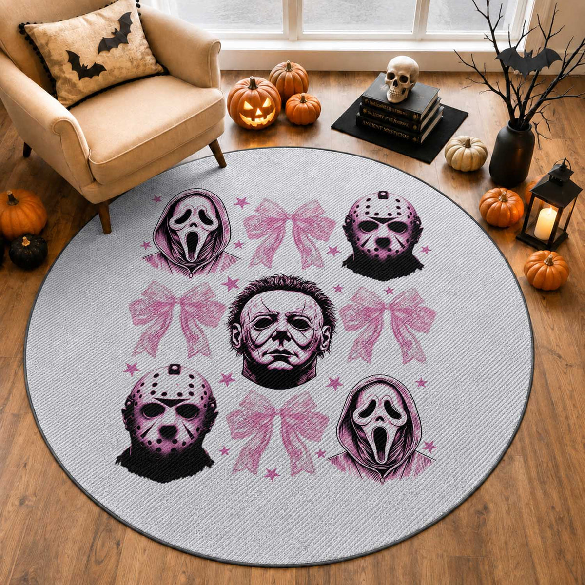 Halloween Round Rug Scary Murderers Pink Bows Coquette Aesthetic