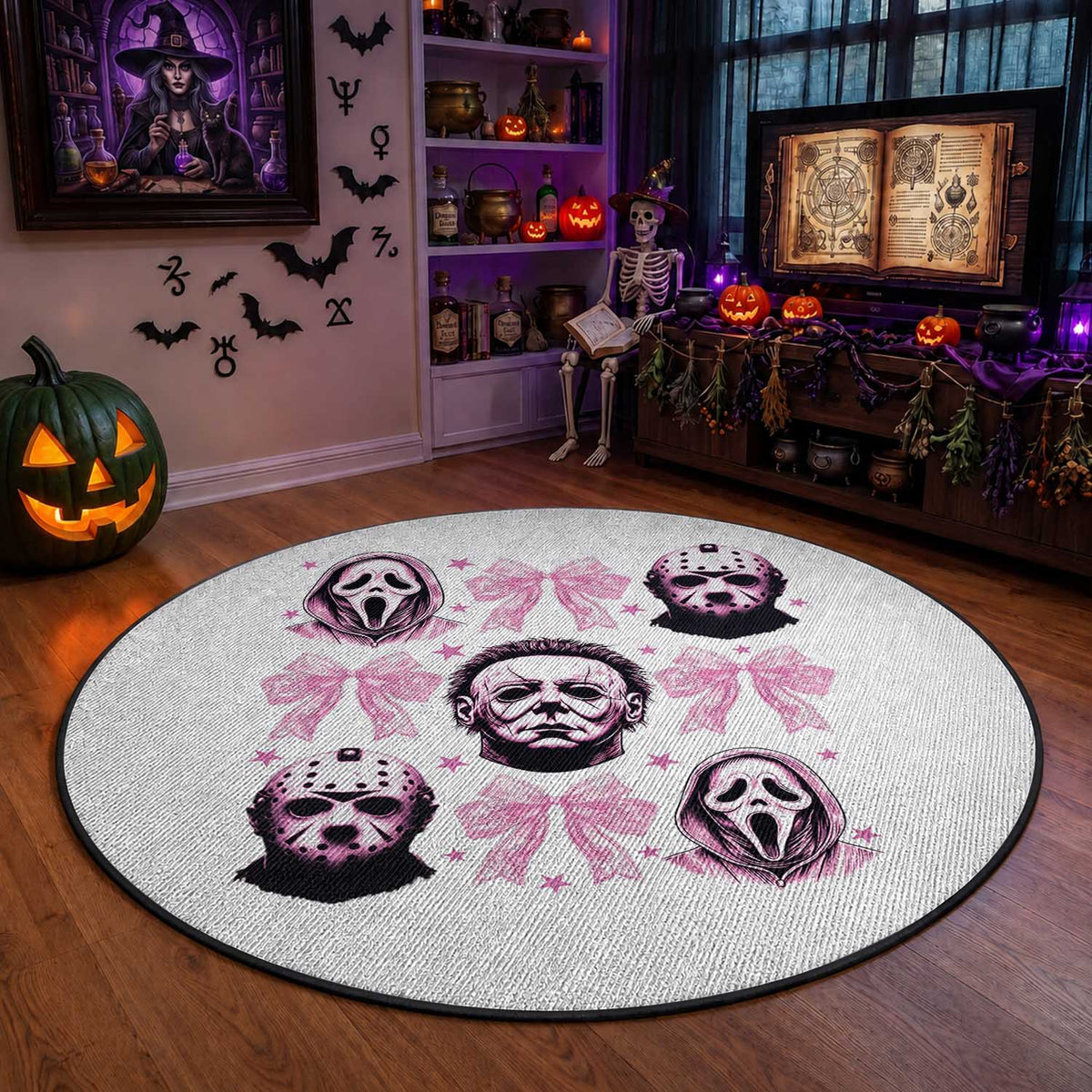 Halloween Round Rug Scary Murderers Pink Bows Coquette Aesthetic