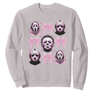 Halloween Sweatshirt Scary Murderers Pink Bows Coquette Aesthetic TS11 Ice Gray Print Your Wear