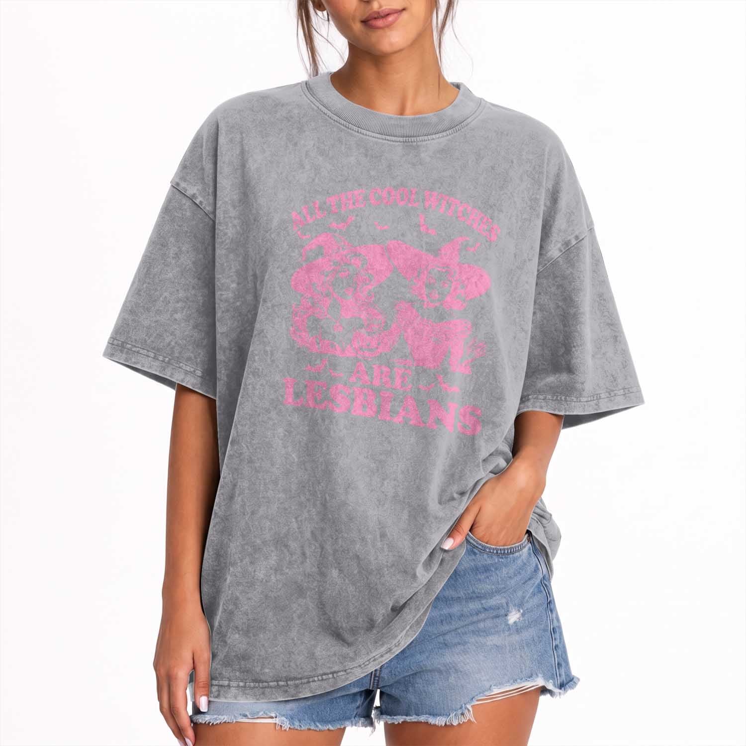 Halloween LGBT Washed Cotton T-Shirt All The Cool Witches Are Lesbians Spooky Season