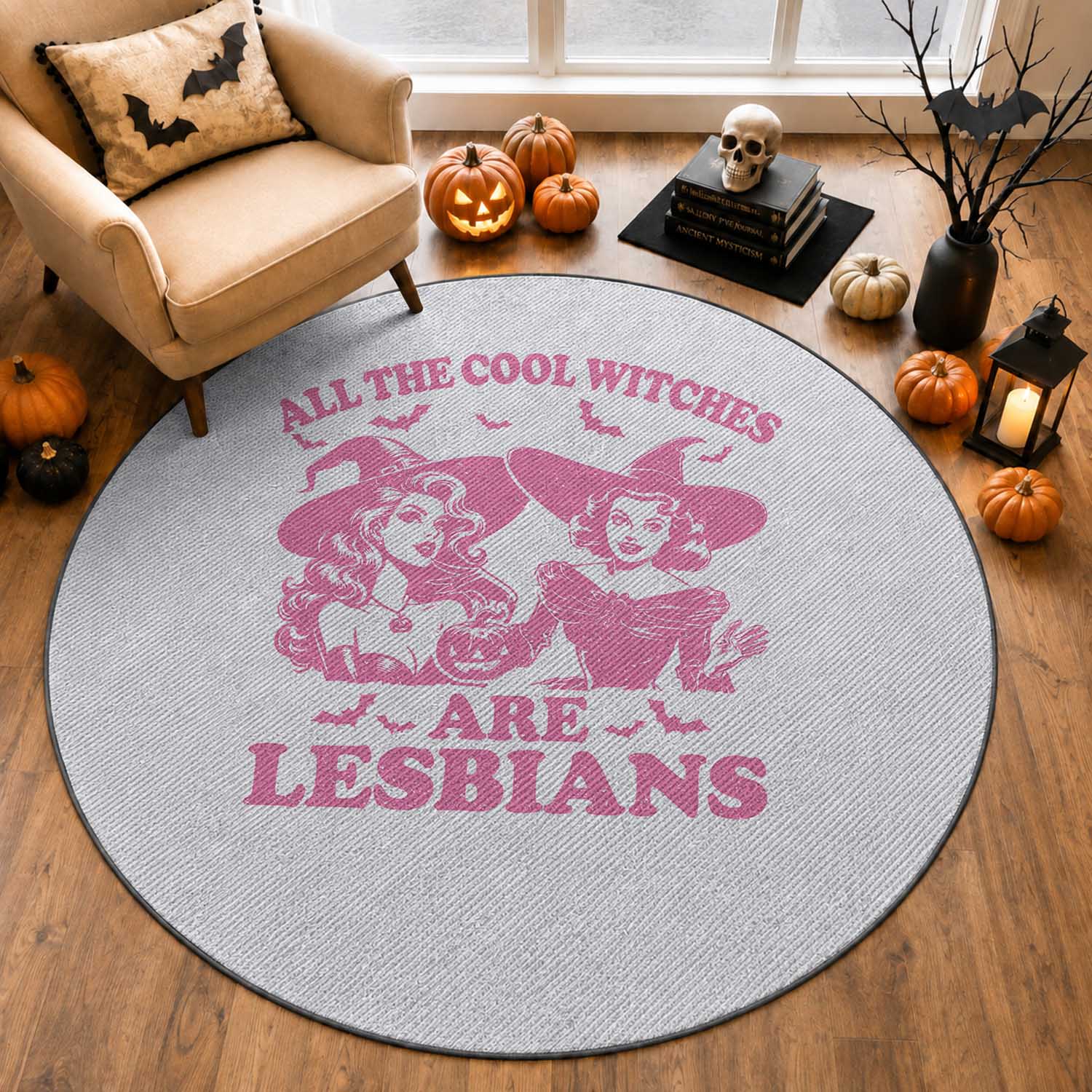 Halloween LGBT Round Rug All The Cool Witches Are Lesbians Spooky Season