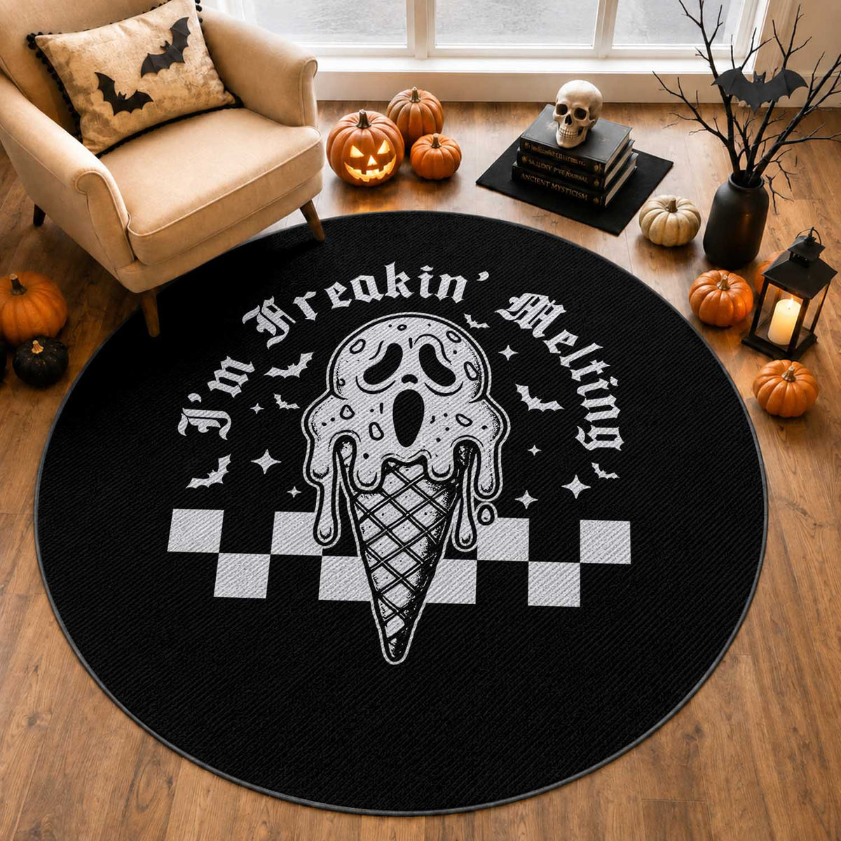 Funny Halloween Round Rug I'm Freakin' Melting Ice Cream Scream Bat