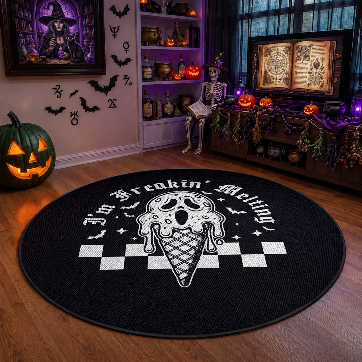 Funny Halloween Round Rug I'm Freakin' Melting Ice Cream Scream Bat