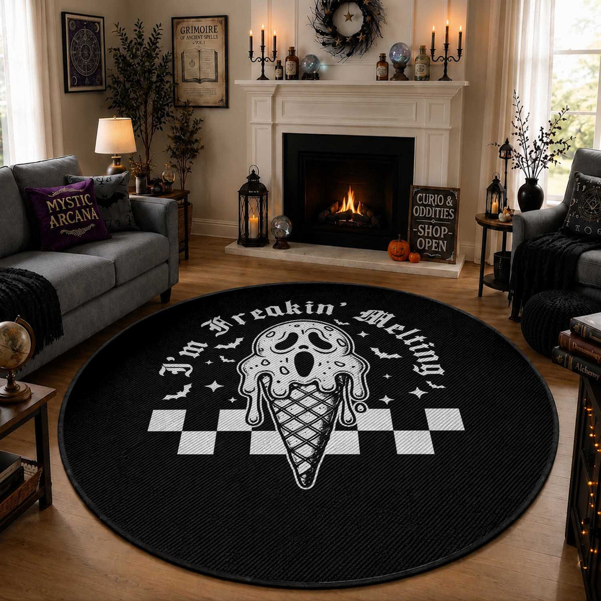 Funny Halloween Round Rug I'm Freakin' Melting Ice Cream Scream Bat