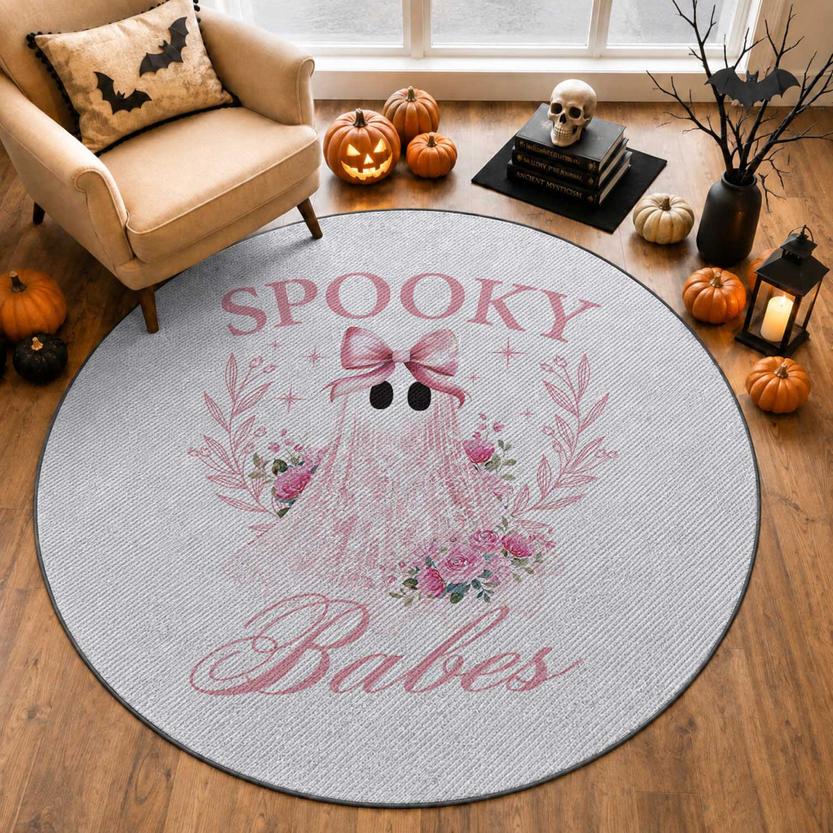 Halloween Round Rug Spooky Babes Pink Ghost Coquette Aesthetic