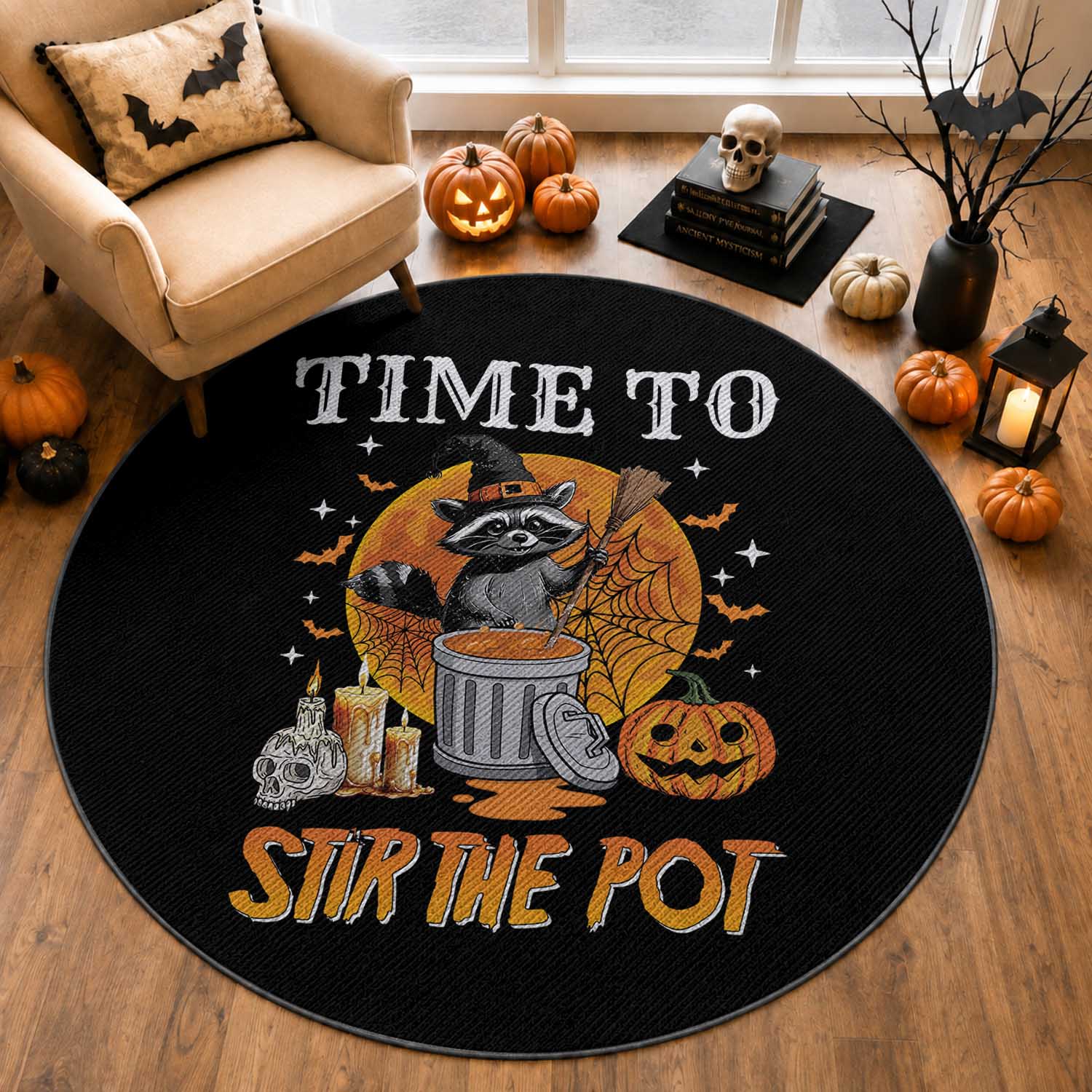 Funny Halloween Round Rug Time To Stir The Pot Cute Raccoon Pumpkin