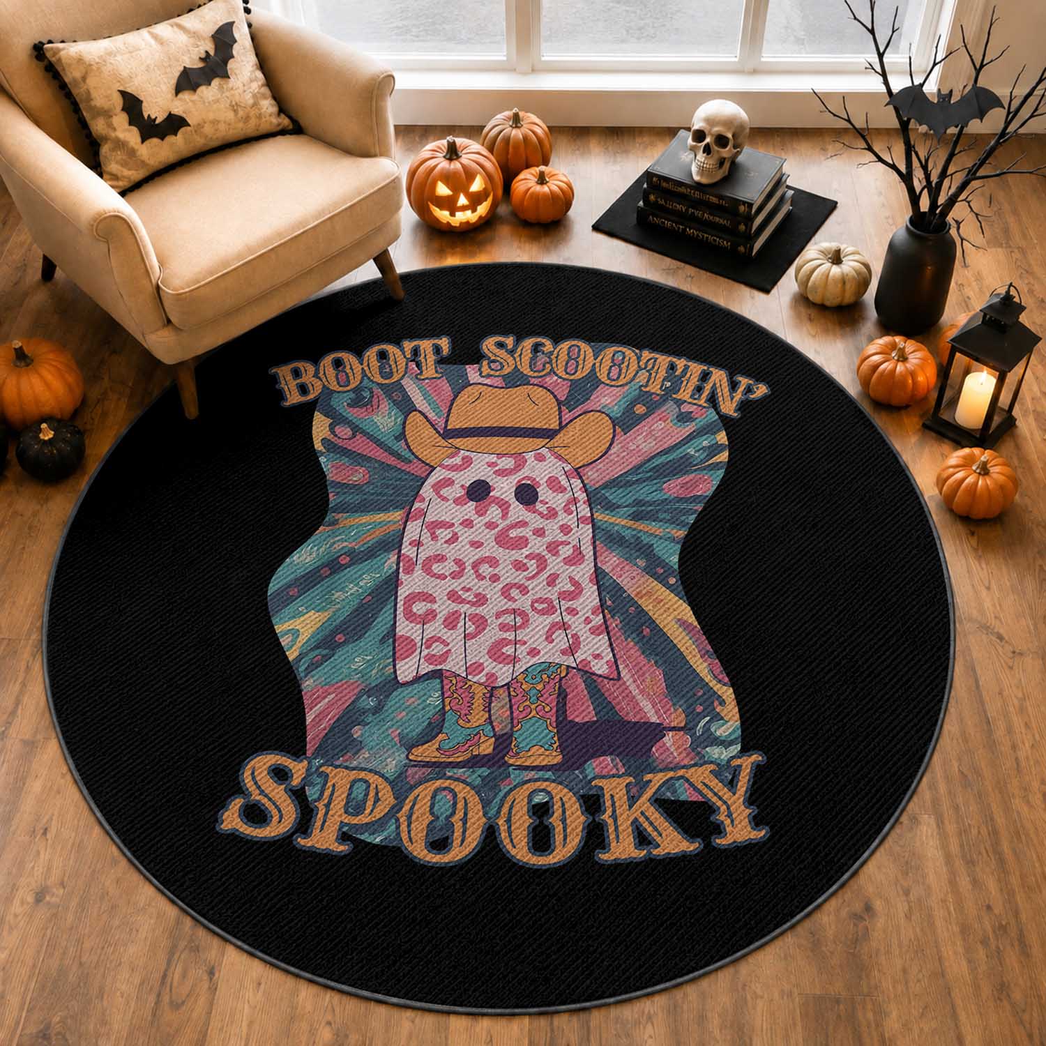 Halloween Western Round Rug Boot Scootin' Spooky Cute Country Cowboy Ghost