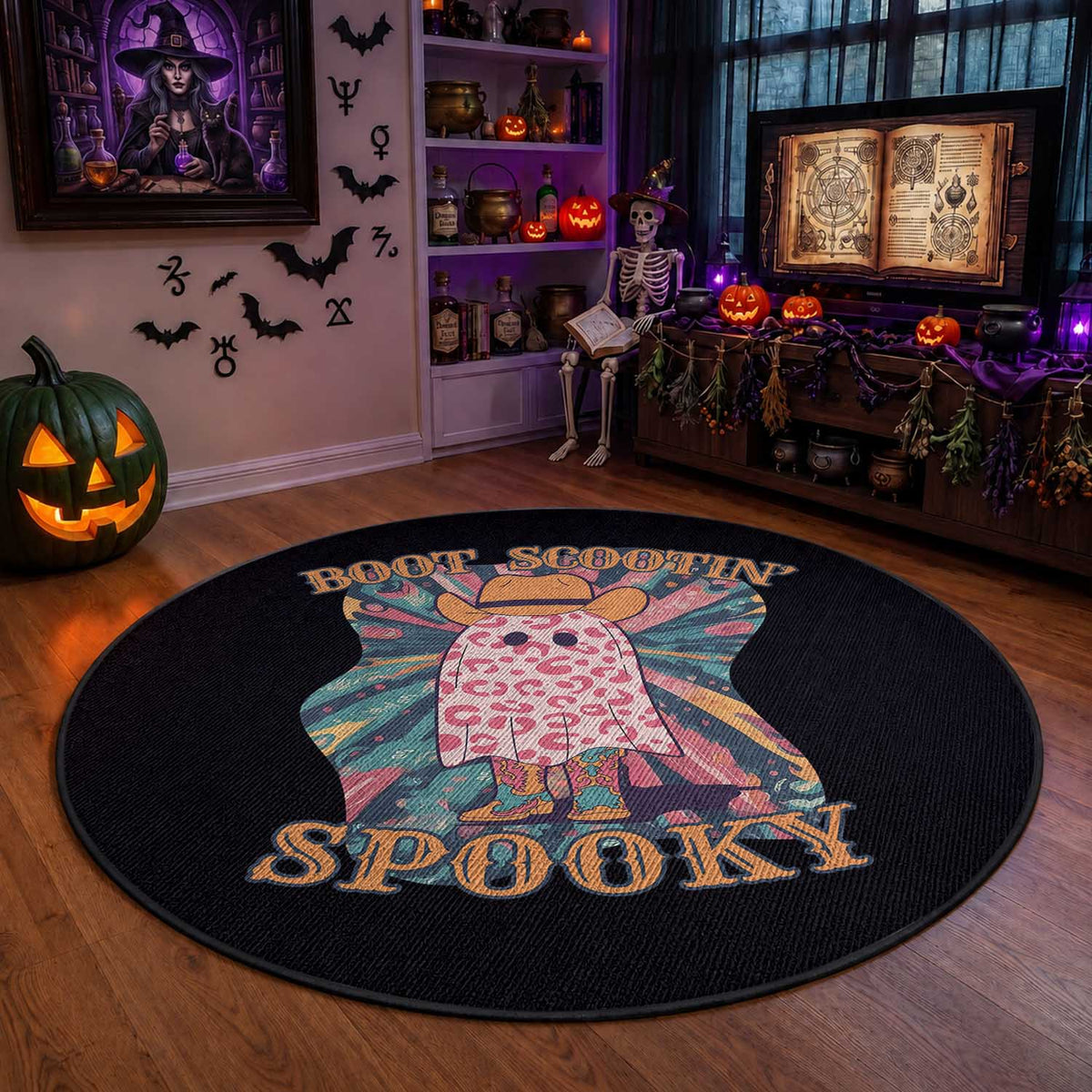 Halloween Western Round Rug Boot Scootin' Spooky Cute Country Cowboy Ghost
