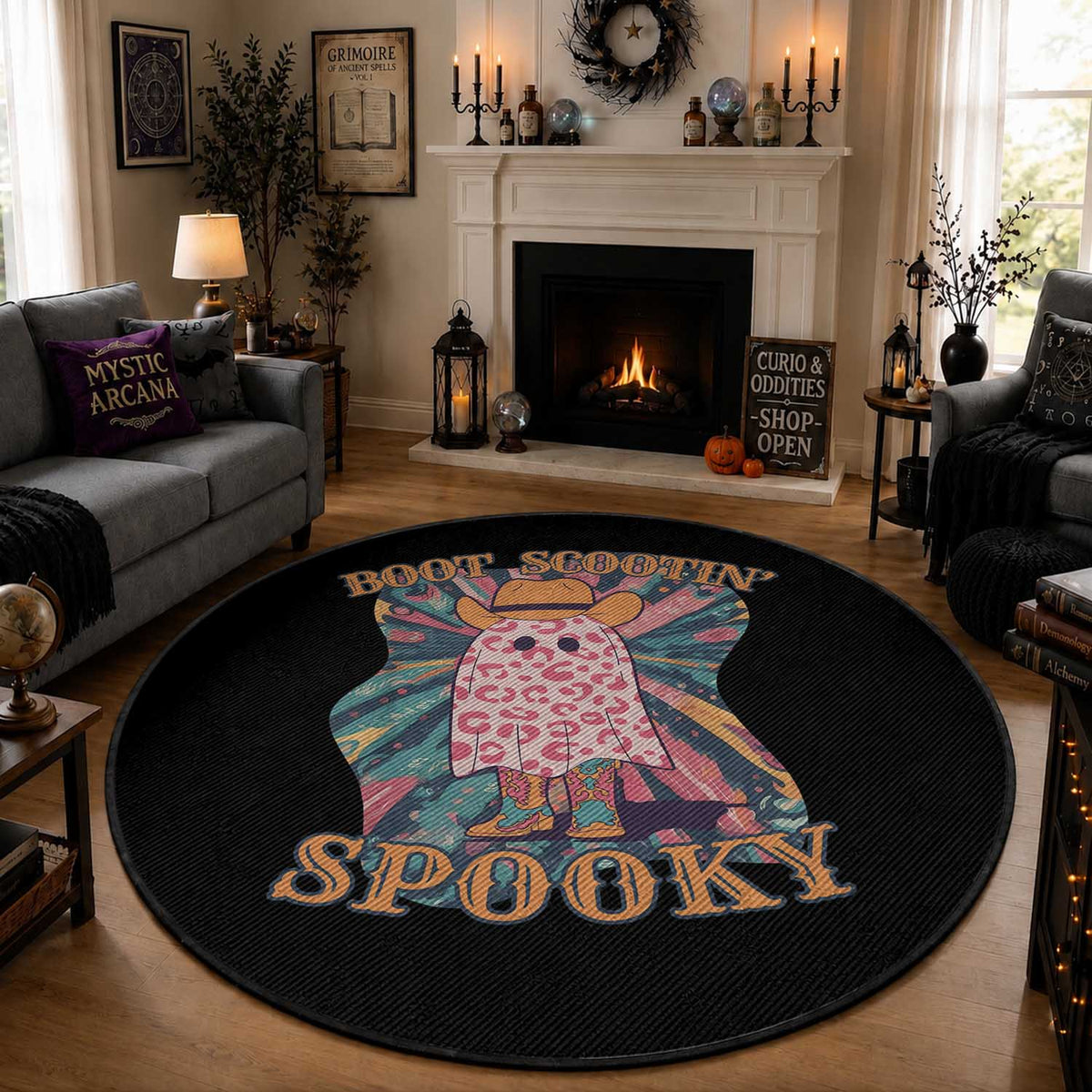 Halloween Western Round Rug Boot Scootin' Spooky Cute Country Cowboy Ghost