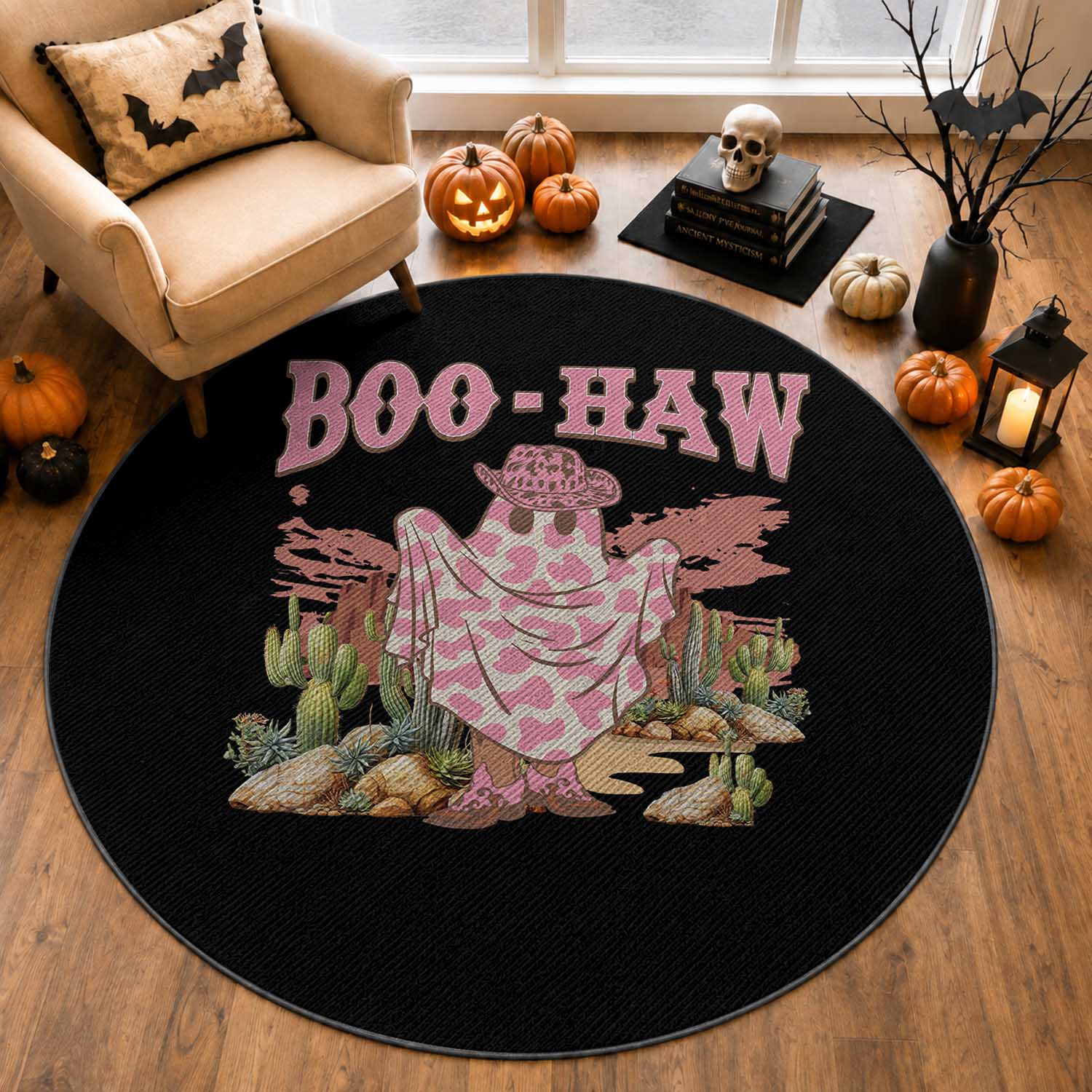 Halloween Western Round Rug Boo Haw Cute Country Cowboy Ghost