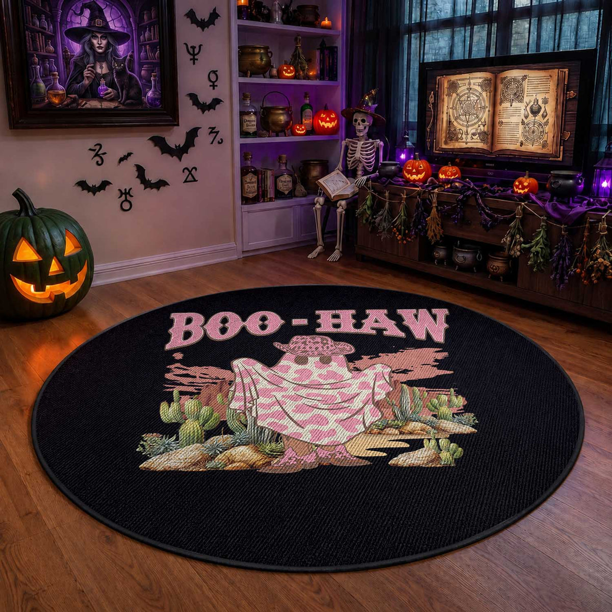 Halloween Western Round Rug Boo Haw Cute Country Cowboy Ghost