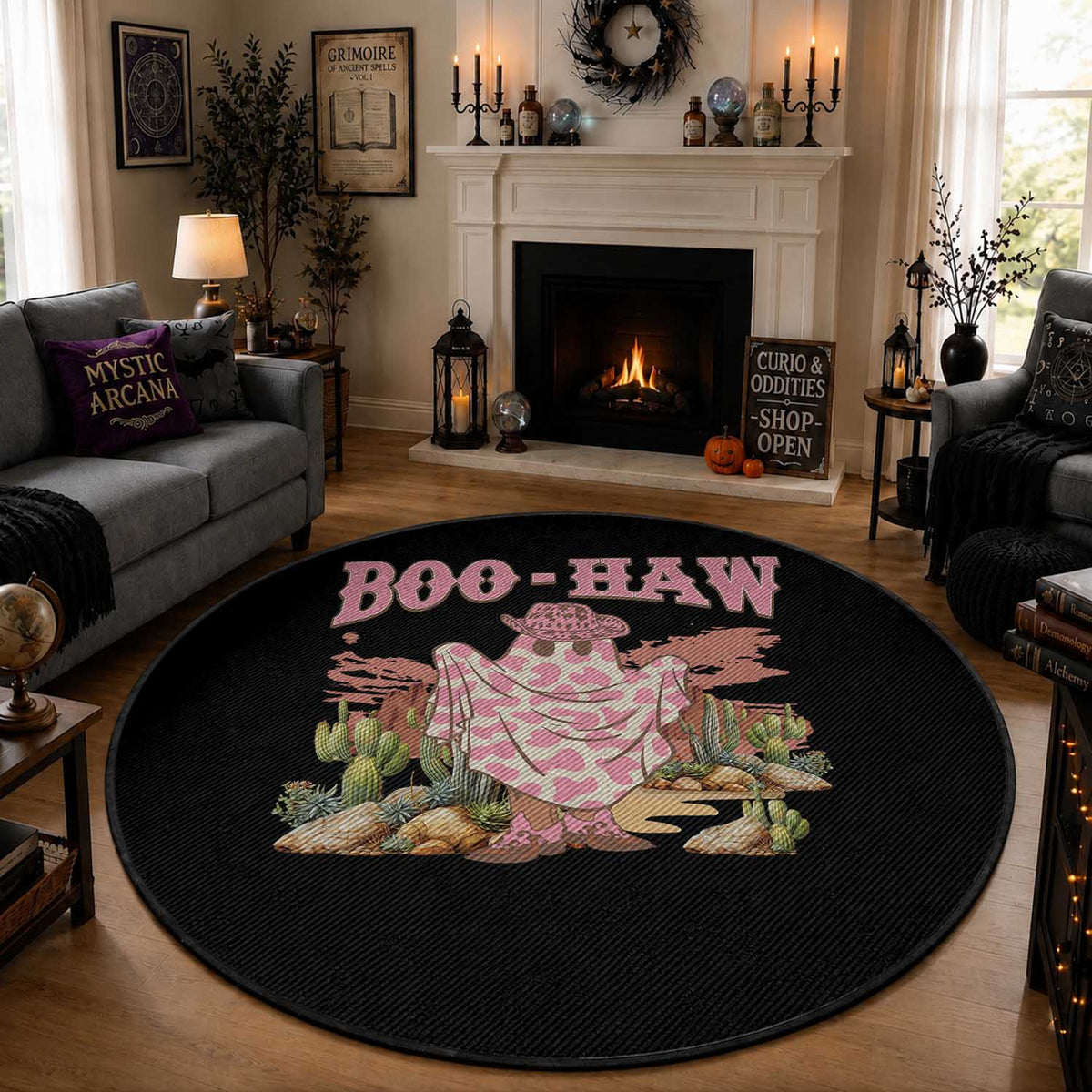 Halloween Western Round Rug Boo Haw Cute Country Cowboy Ghost