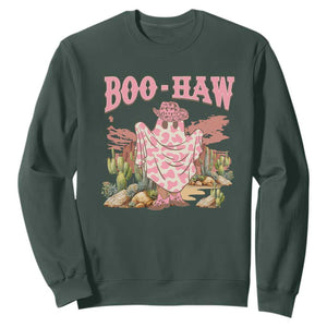 Halloween Western Sweatshirt Boo Haw Cute Country Cowboy Ghost TS11 Dark Forest Green Print Your Wear