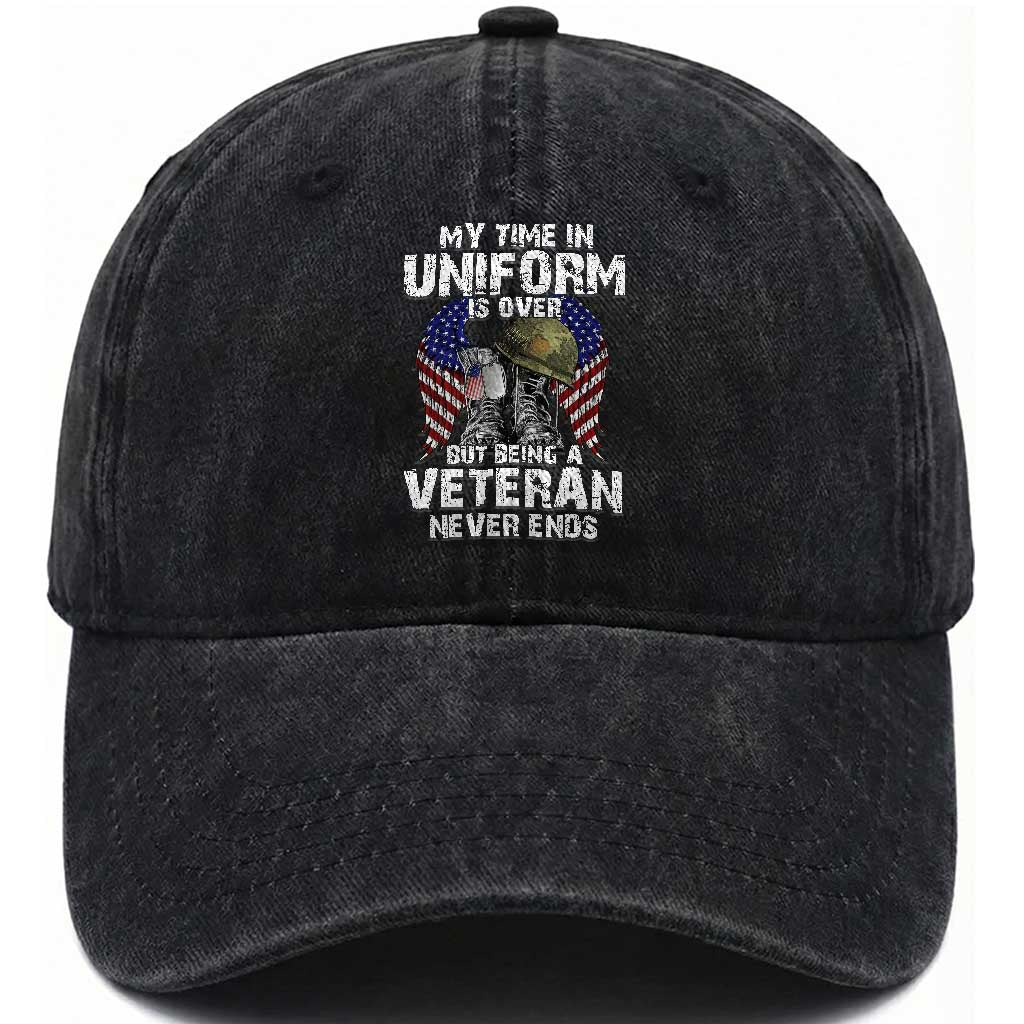 US Veterans Washed Cotton Baseball Cap My Time In Uniform Is Over But Being A Veteran Never Dies TS11 Washed Cap Universal Fit Black Print Your Wear