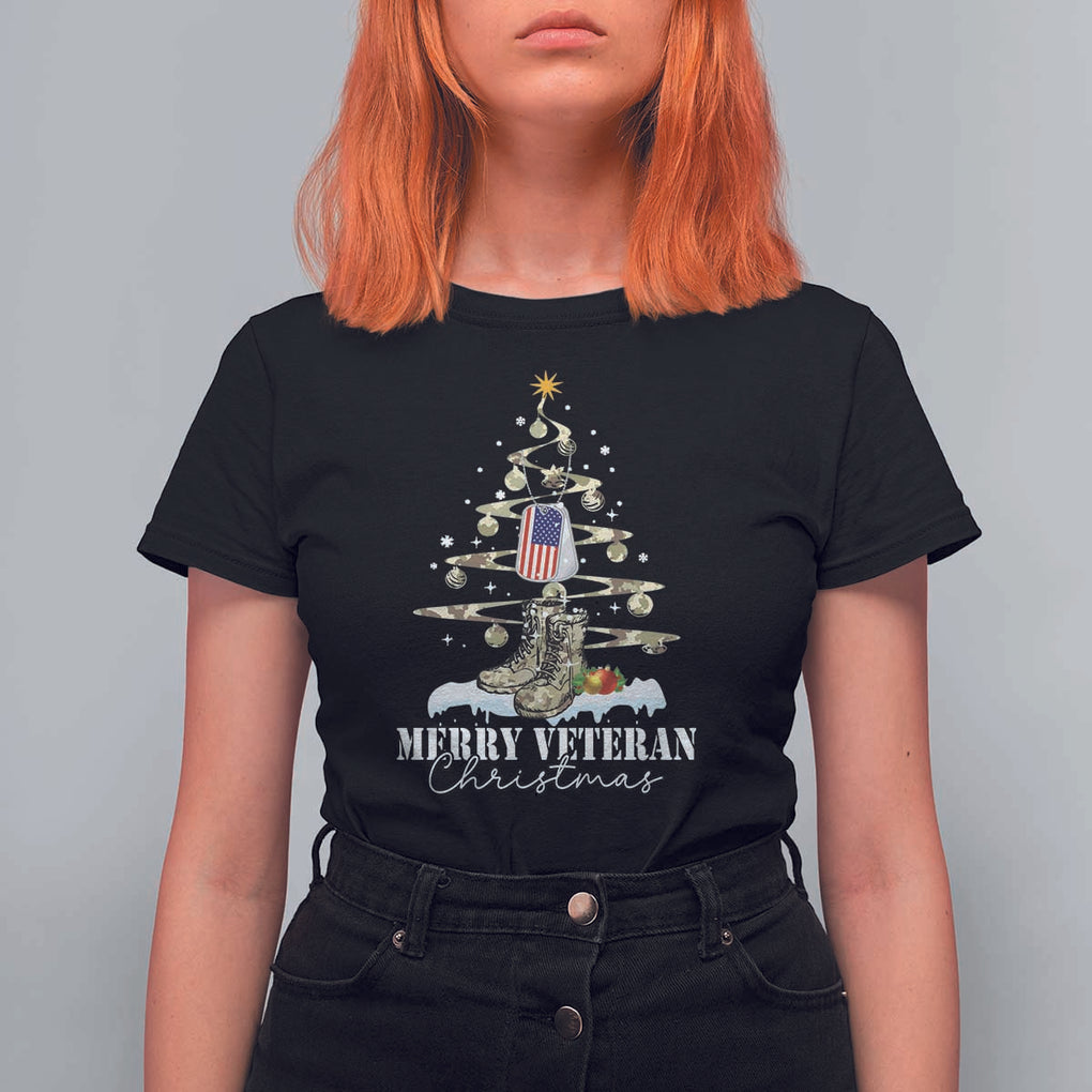 Veteran Day Xmas T Shirt For Women Merry Veteran Christmas Fir Tree Dog Tag Combat Shoes TS11 Black Print Your Wear