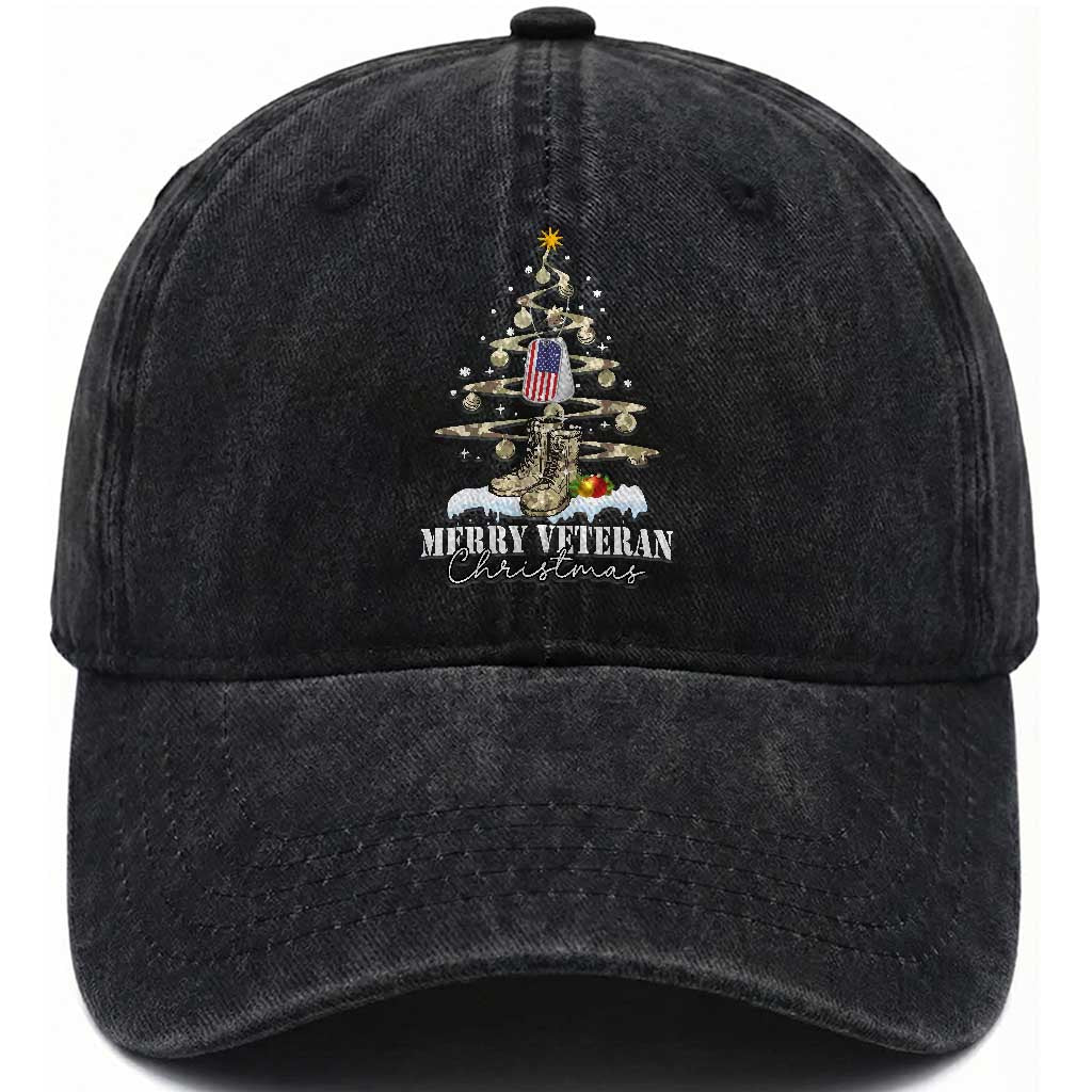 Veteran Day Xmas Washed Cotton Baseball Cap Merry Veteran Christmas Fir Tree Dog Tag Combat Shoes TS11 Washed Cap Universal Fit Black Print Your Wear