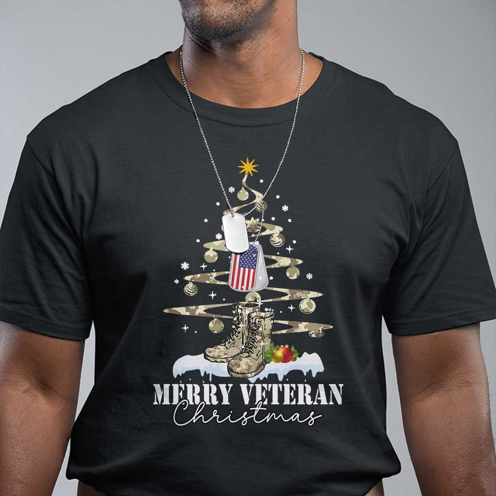 Veteran Day Xmas T Shirt Merry Veteran Christmas Fir Tree Dog Tag Combat Shoes TS11 Black Print Your Wear