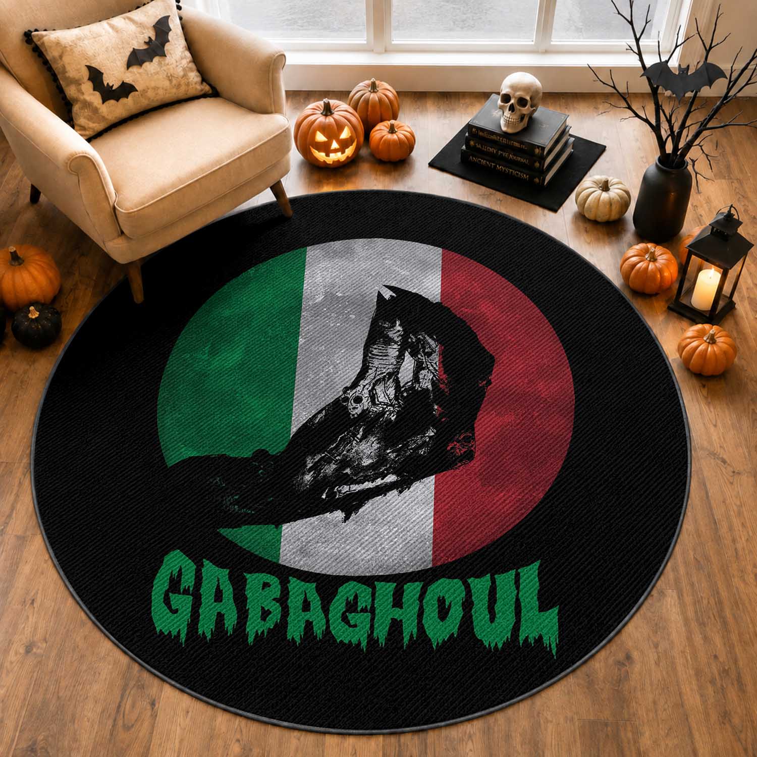 Funny Halloween Round Rug Gabaghoul Zombie Hand Moon Italian Flag Moon