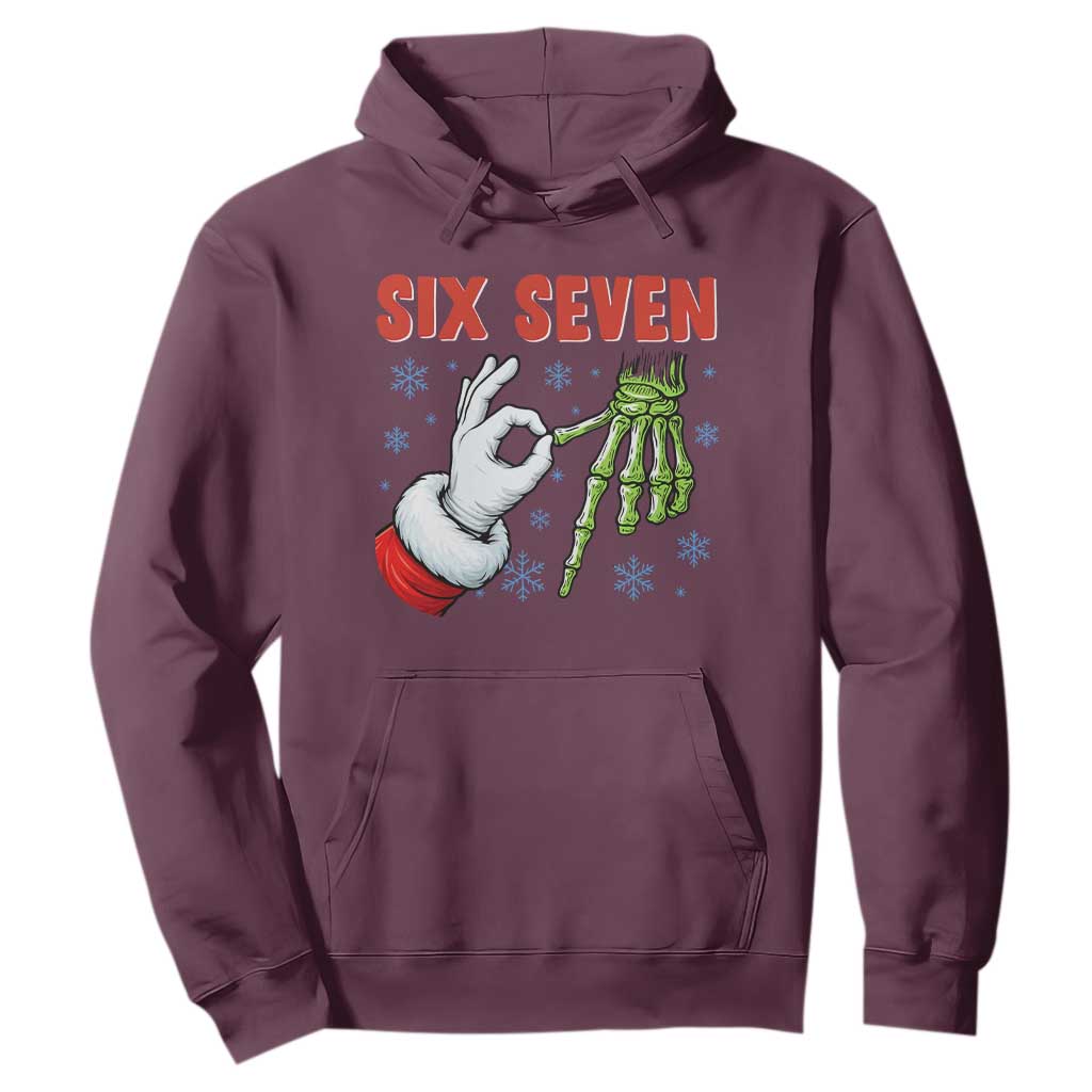 Funny 67 Christmas Hoodie Six Seven Meme Santa Skeleton Hands Gesture Gen Alpha TS11 Maroon Print Your Wear