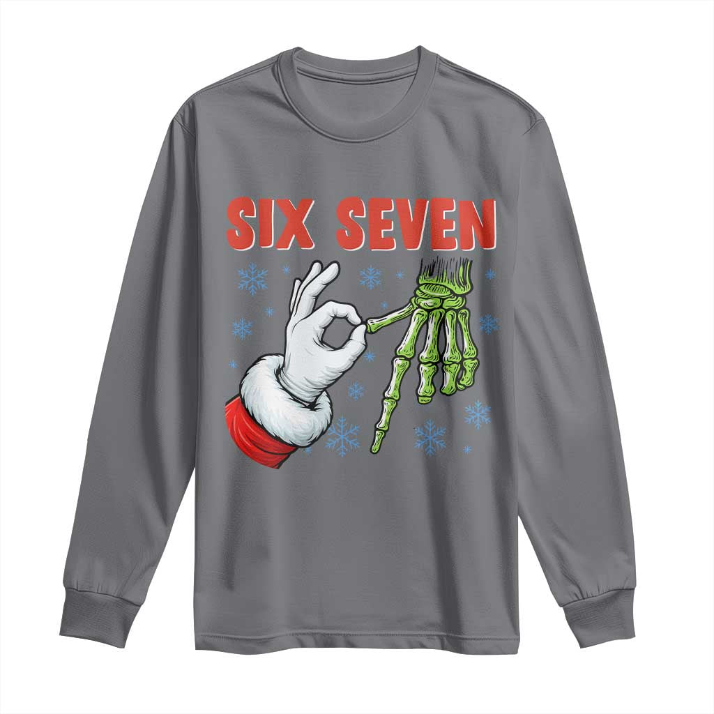 Funny 67 Christmas Long Sleeve Shirt Six Seven Meme Santa Skeleton Hands Gesture Gen Alpha TS11 Charcoal Print Your Wear