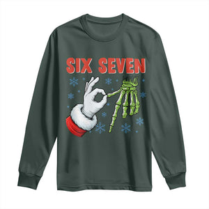 Funny 67 Christmas Long Sleeve Shirt Six Seven Meme Santa Skeleton Hands Gesture Gen Alpha TS11 Dark Forest Green Print Your Wear