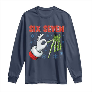 Funny 67 Christmas Long Sleeve Shirt Six Seven Meme Santa Skeleton Hands Gesture Gen Alpha TS11 Navy Print Your Wear
