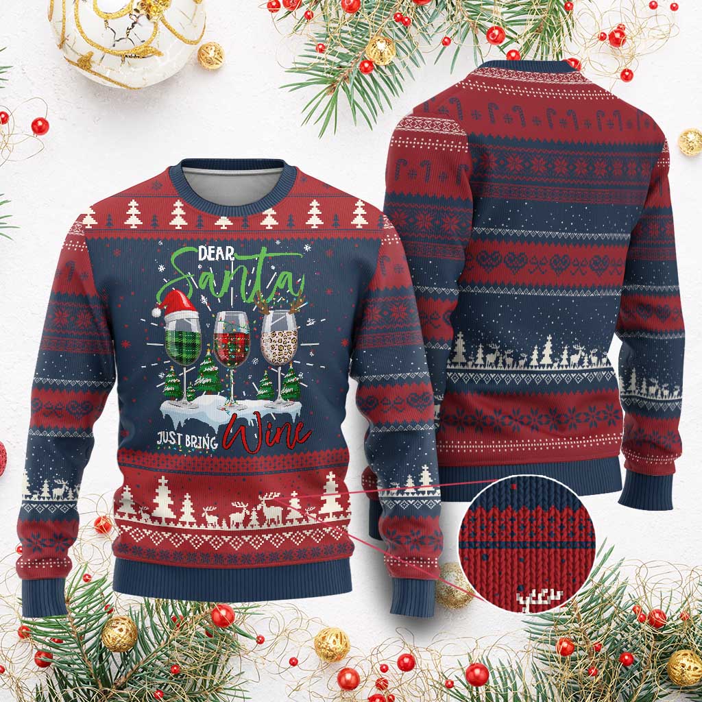 Funny Xmas Wine Ugly Christmas Sweater Dear Santa Just Bring Wine Winter Holiday TS11 Burgundy Print Your Wear