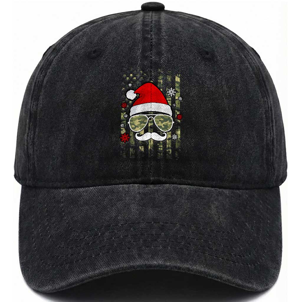Funny Christmas Veteran Washed Cotton Baseball Cap Santa Hat Camo American Flag TS11 Washed Cap Universal Fit Black Print Your Wear
