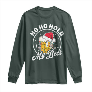 Funny Christmas Beers Long Sleeve Shirt Ho Ho Hold My Beer Vintage Mug Santa Hat TS11 Dark Forest Green Print Your Wear