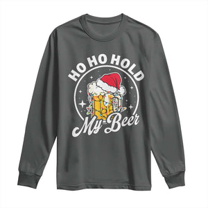 Funny Christmas Beers Long Sleeve Shirt Ho Ho Hold My Beer Vintage Mug Santa Hat TS11 Dark Heather Print Your Wear