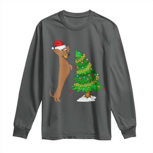 Funny Christmas Wiener Dog Long Sleeve Shirt Decorations Xmas Tree TS11 Dark Heather Print Your Wear