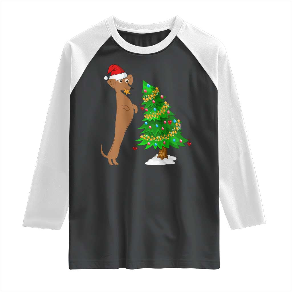 Funny Christmas Wiener Dog Raglan Shirt Decorations Xmas Tree TS11 Black White Print Your Wear