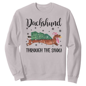 Funny Christmas Wiener Dog Sweatshirt Dachshund Through The Snow Xmas Tree TS11 Ice Gray Print Your Wear