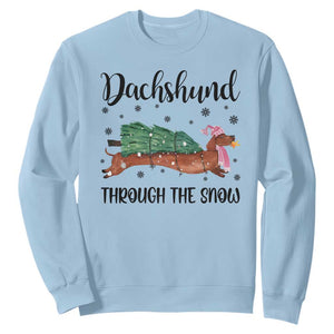 Funny Christmas Wiener Dog Sweatshirt Dachshund Through The Snow Xmas Tree TS11 Light Blue Print Your Wear