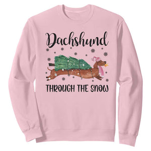 Funny Christmas Wiener Dog Sweatshirt Dachshund Through The Snow Xmas Tree TS11 Light Pink Print Your Wear