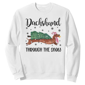 Funny Christmas Wiener Dog Sweatshirt Dachshund Through The Snow Xmas Tree TS11 White Print Your Wear