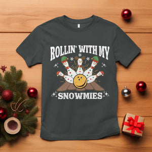 Funny Christmas Bowling T Shirt Rollin With My Snowmies Bowling Pins TS11 Dark Heather Print Your Wear