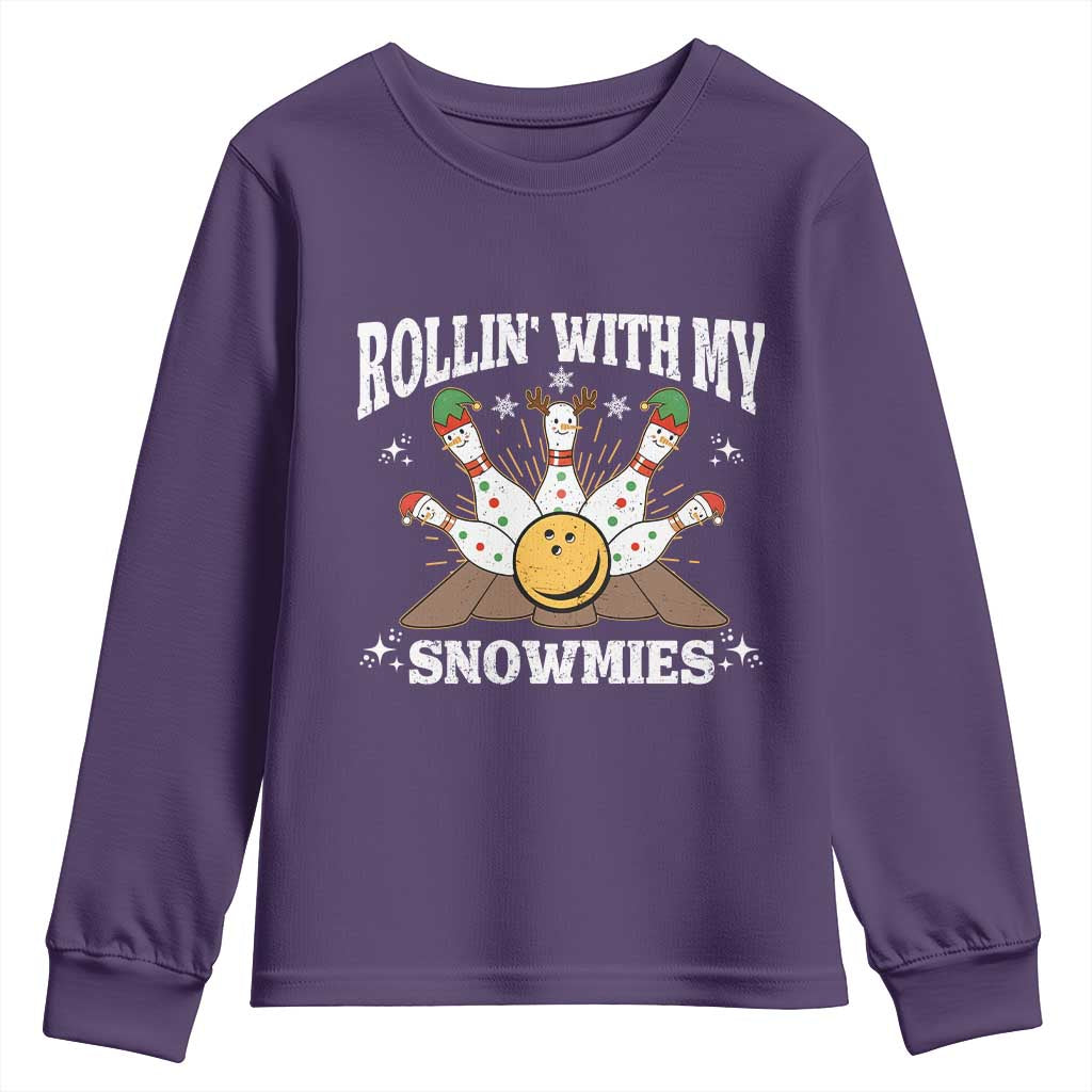 Funny Christmas Bowling Youth Sweatshirt Rollin With My Snowmies Bowling Pins TS11 Purple Print Your Wear