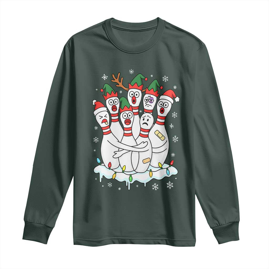 Funny Scared Cartoon Christmas Bowling Pins Long Sleeve Shirt TS11 Dark Forest Green Print Your Wear
