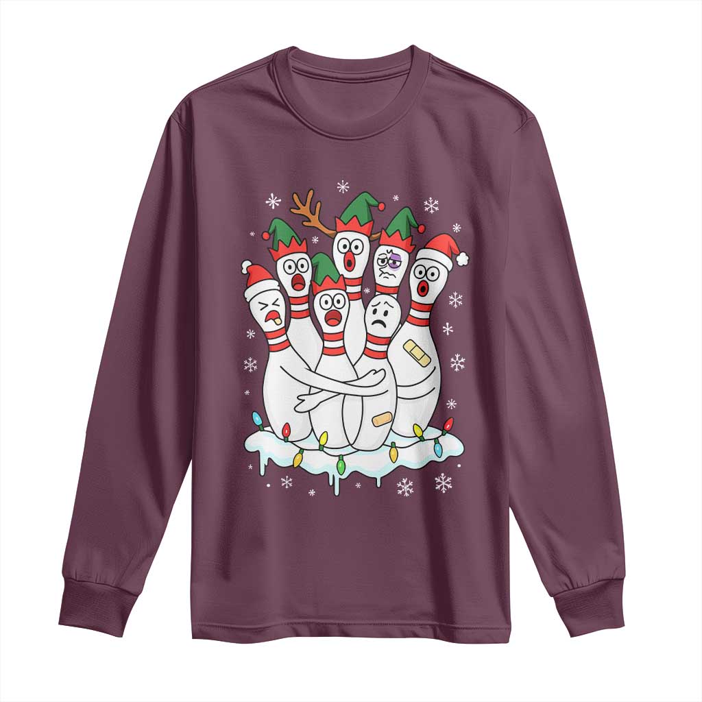 Funny Scared Cartoon Christmas Bowling Pins Long Sleeve Shirt TS11 Maroon Print Your Wear