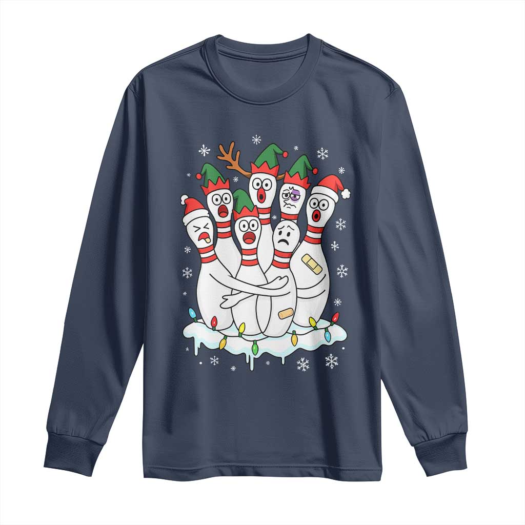 Funny Scared Cartoon Christmas Bowling Pins Long Sleeve Shirt TS11 Navy Print Your Wear