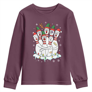 Funny Scared Cartoon Christmas Bowling Pins Youth Sweatshirt TS11 Maroon Print Your Wear