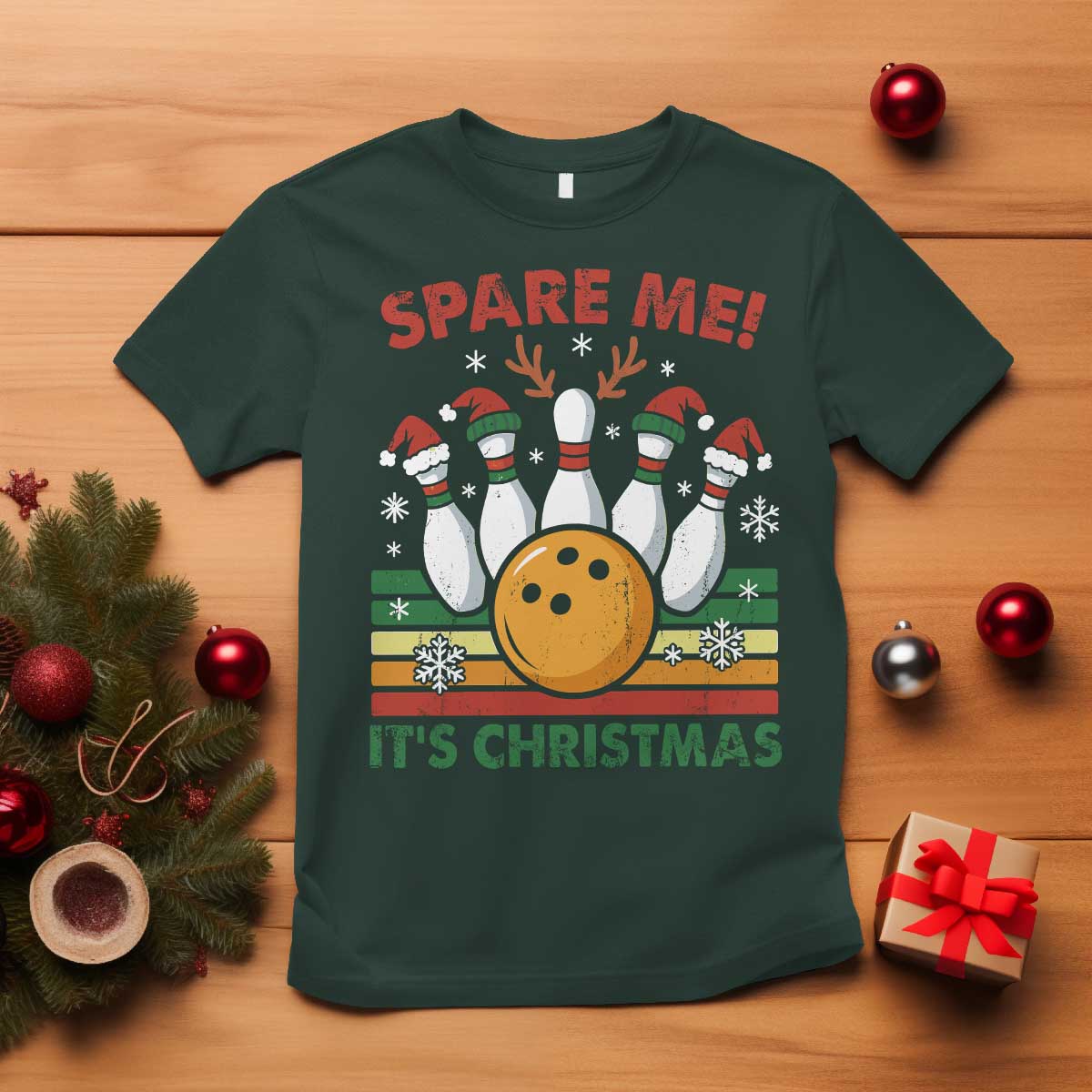 Funny Christmas Bowling T Shirt Spare Me Its Xmas Festive Holiday TS11 Dark Forest Green Print Your Wear