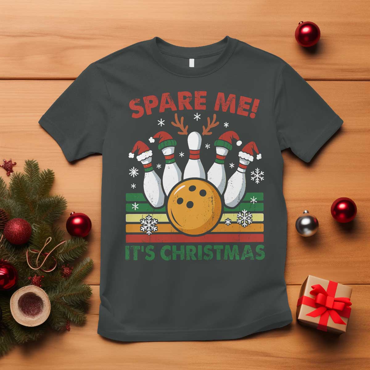 Funny Christmas Bowling T Shirt Spare Me Its Xmas Festive Holiday TS11 Dark Heather Print Your Wear