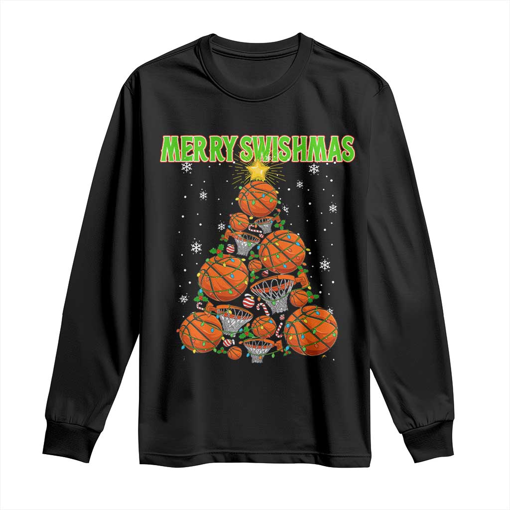 Christmas Basketball Merry Swishmas Long Sleeve Shirt Basketball Xmas Tree TS11 Black Print Your Wear