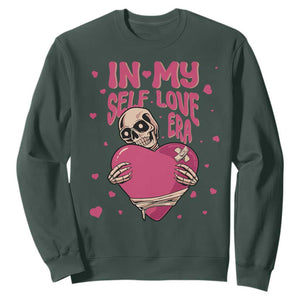 Funny Anti Valentine's Day Sweatshirt In My Self Love Era Skeleton Hearts TS11 Dark Forest Green Print Your Wear