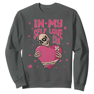 Funny Anti Valentine's Day Sweatshirt In My Self Love Era Skeleton Hearts TS11 Dark Heather Print Your Wear