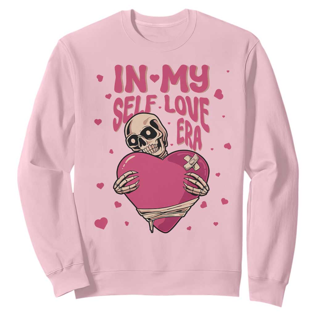 Funny Anti Valentine's Day Sweatshirt In My Self Love Era Skeleton Hearts TS11 Light Pink Print Your Wear