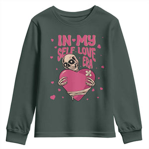 Funny Anti Valentine's Day Youth Sweatshirt In My Self Love Era Skeleton Hearts TS11 Dark Forest Green Print Your Wear