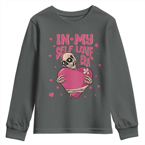 Funny Anti Valentine's Day Youth Sweatshirt In My Self Love Era Skeleton Hearts TS11 Dark Heather Print Your Wear